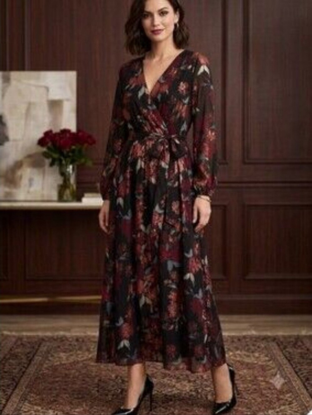 Floral Maxi Dress in Black and Burgundy Size 14